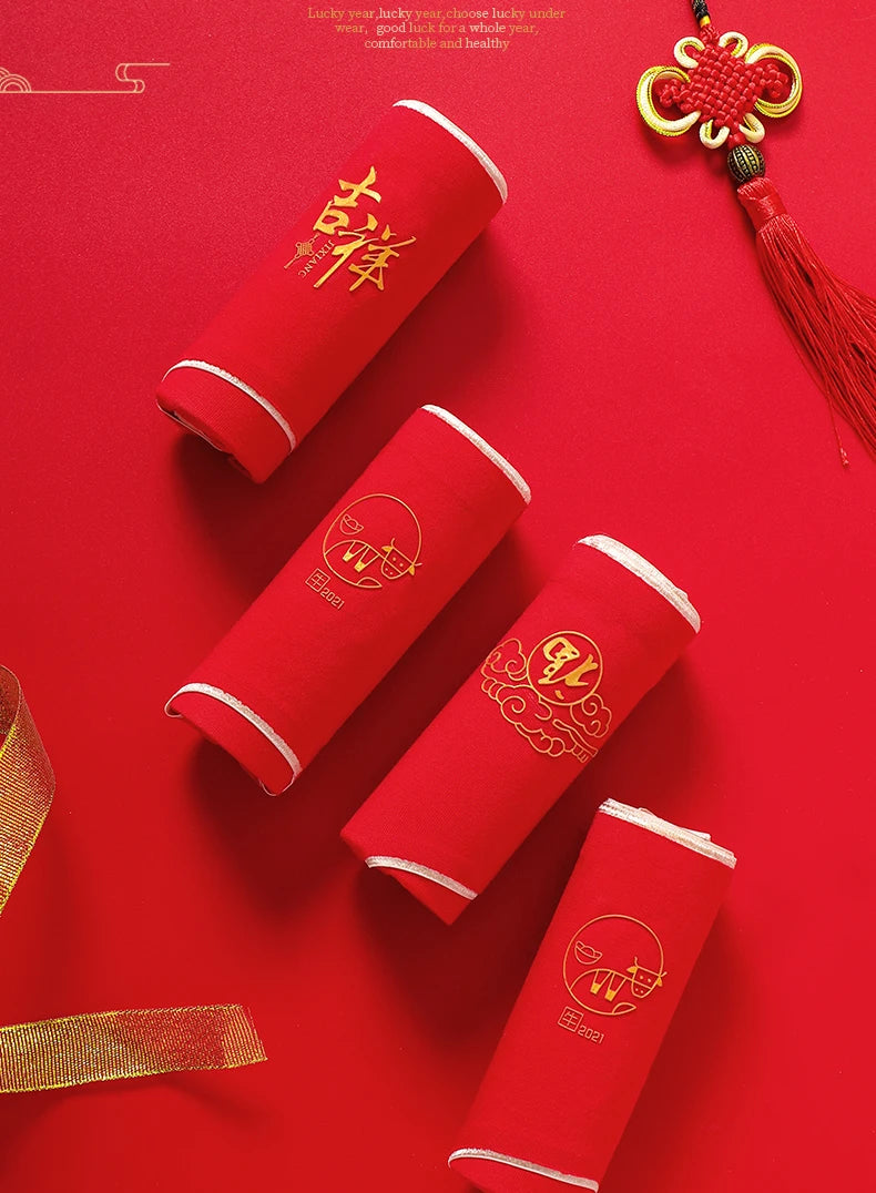 4Pcs/Set Women Panties Cotton Good Luck Red Intimates Soft Breathable Comfort Underpants Female Underwear Seamless Girls Briefs