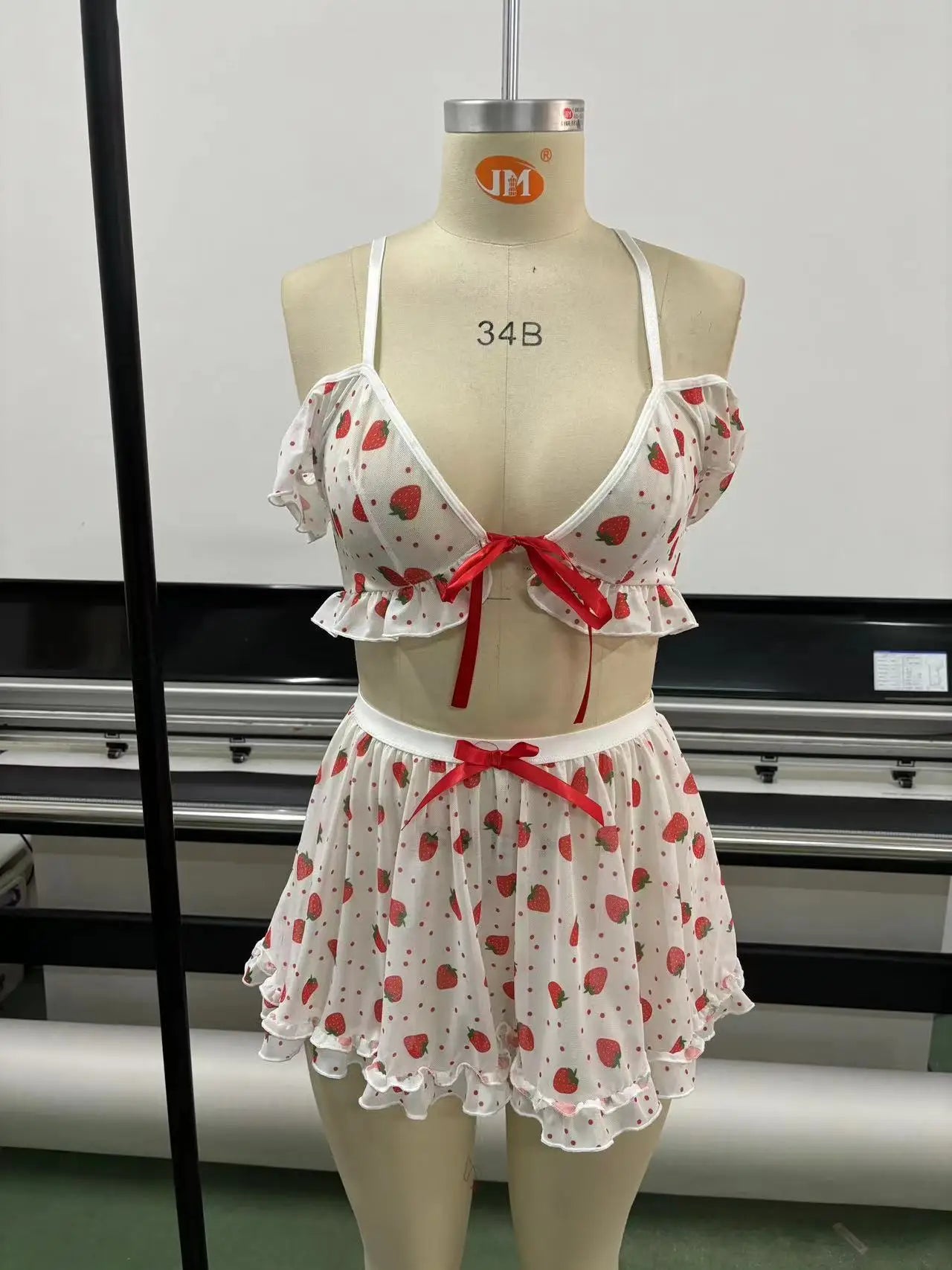 A3044_CO Sexy Pyjamas Lingerie 3 Piece Set Cute Strawberry Mature Women Sexy Transparent Underwear Dress Sleepwear Set