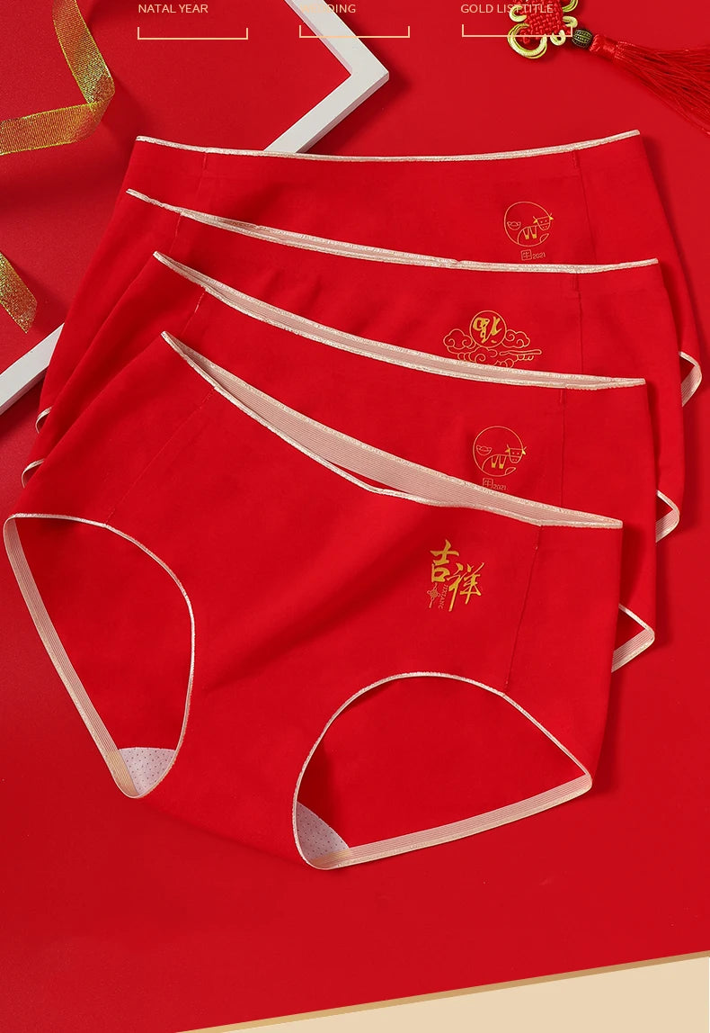 4Pcs/Set Women Panties Cotton Good Luck Red Intimates Soft Breathable Comfort Underpants Female Underwear Seamless Girls Briefs