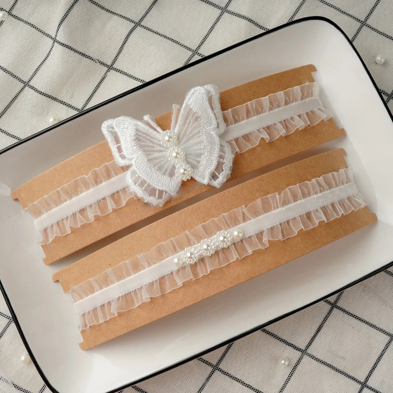 2Pcs Sexy Leg Garter Lace Ruffle Garters Charm Women Thigh Bands Pearl Leg Ring Stockings White Party Dress Butterfly Decoration
