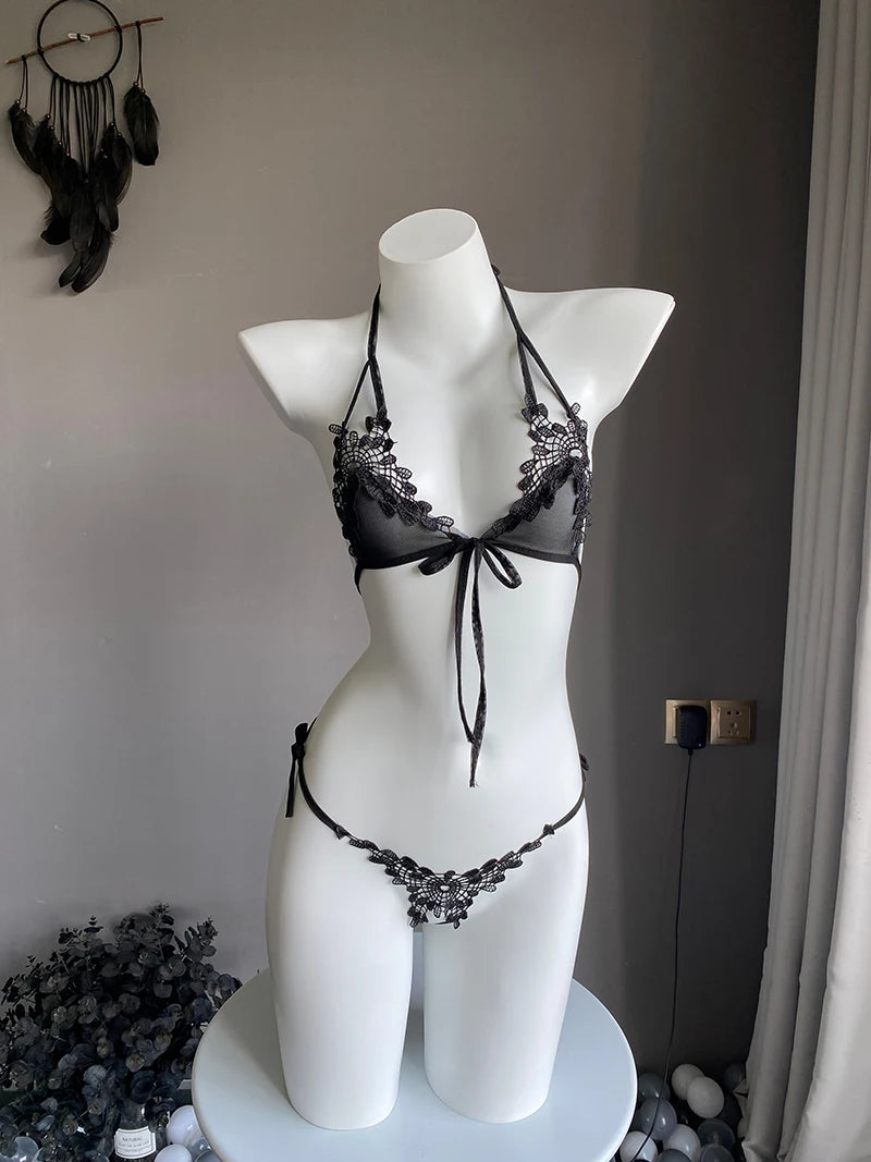 2024 Summer Ultra-thin Women's Lingerie Set Lace-up Mini Bra Thong Set Girl Sexy Lingerie Female Underwear Porn Hot Outfits