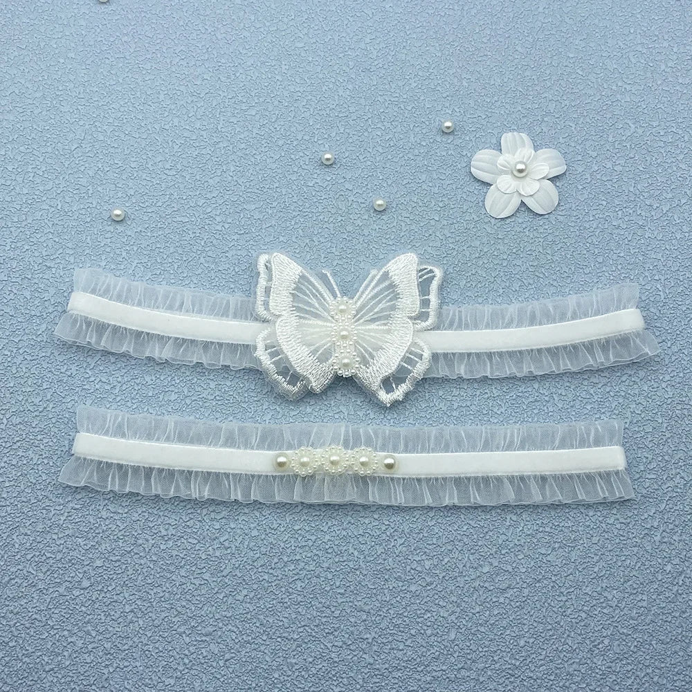 2Pcs Sexy Leg Garter Lace Ruffle Garters Charm Women Thigh Bands Pearl Leg Ring Stockings White Party Dress Butterfly Decoration