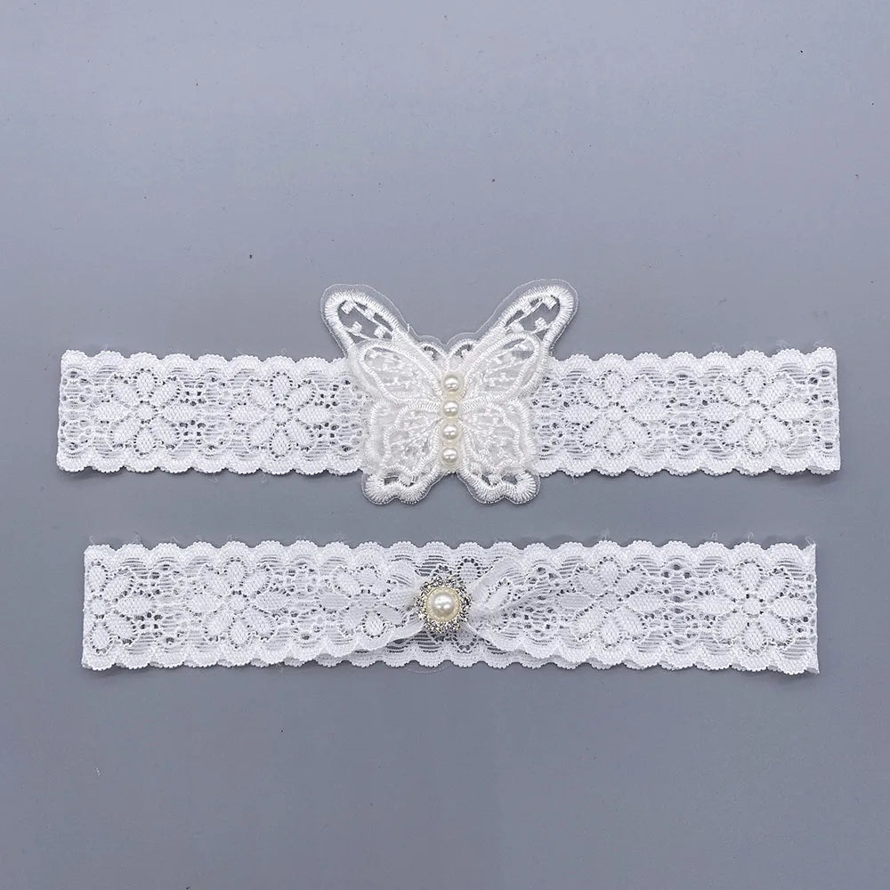 2Pcs Sexy Leg Garter Lace Ruffle Garters Charm Women Thigh Bands Pearl Leg Ring Stockings White Party Dress Butterfly Decoration