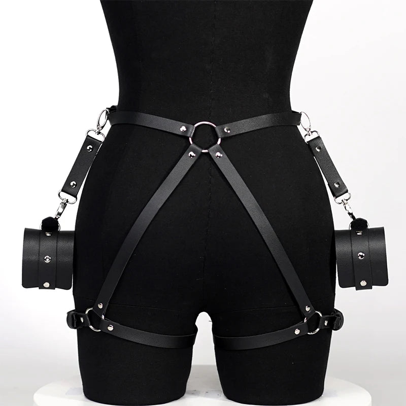 Bdsm Leather Garter Belt Lingerie Gothic Rave Costume Adult Bandage Lencerias  PU Leg Loops Plus Size Underwear With Handcuffs