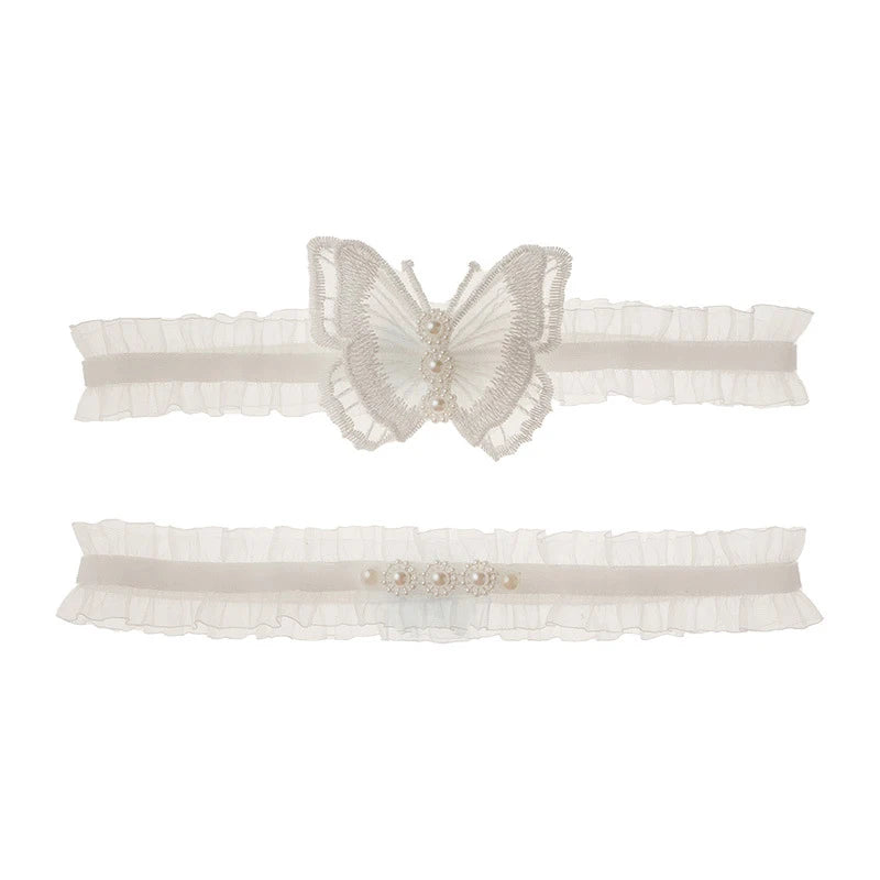 2Pcs Sexy Leg Garter Lace Ruffle Garters Charm Women Thigh Bands Pearl Leg Ring Stockings White Party Dress Butterfly Decoration