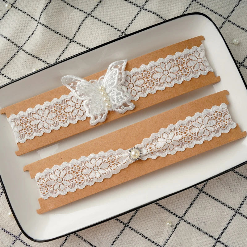 2Pcs Sexy Leg Garter Lace Ruffle Garters Charm Women Thigh Bands Pearl Leg Ring Stockings White Party Dress Butterfly Decoration