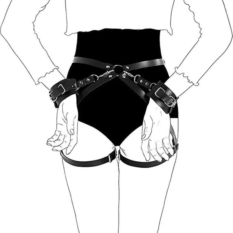 Bdsm Leather Garter Belt Lingerie Gothic Rave Costume Adult Bandage Lencerias  PU Leg Loops Plus Size Underwear With Handcuffs