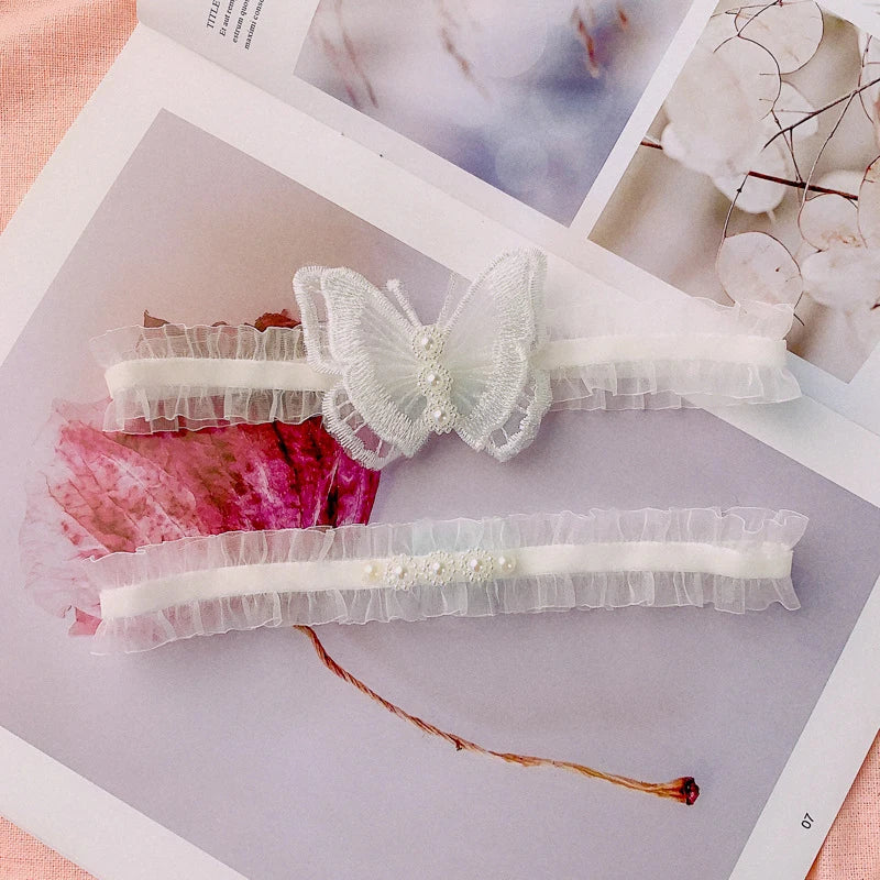 2Pcs Sexy Leg Garter Lace Ruffle Garters Charm Women Thigh Bands Pearl Leg Ring Stockings White Party Dress Butterfly Decoration