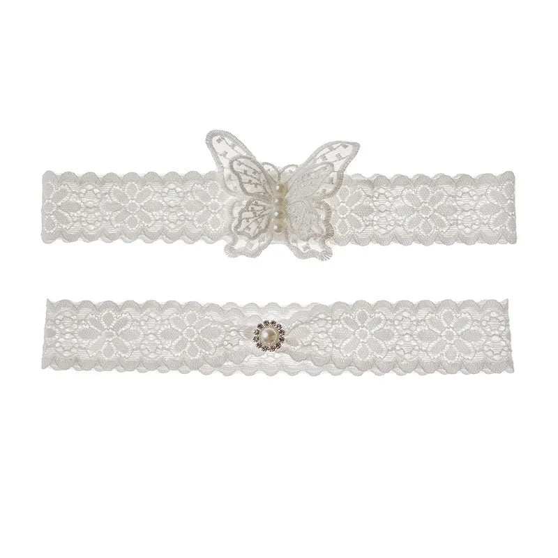 2Pcs Sexy Leg Garter Lace Ruffle Garters Charm Women Thigh Bands Pearl Leg Ring Stockings White Party Dress Butterfly Decoration