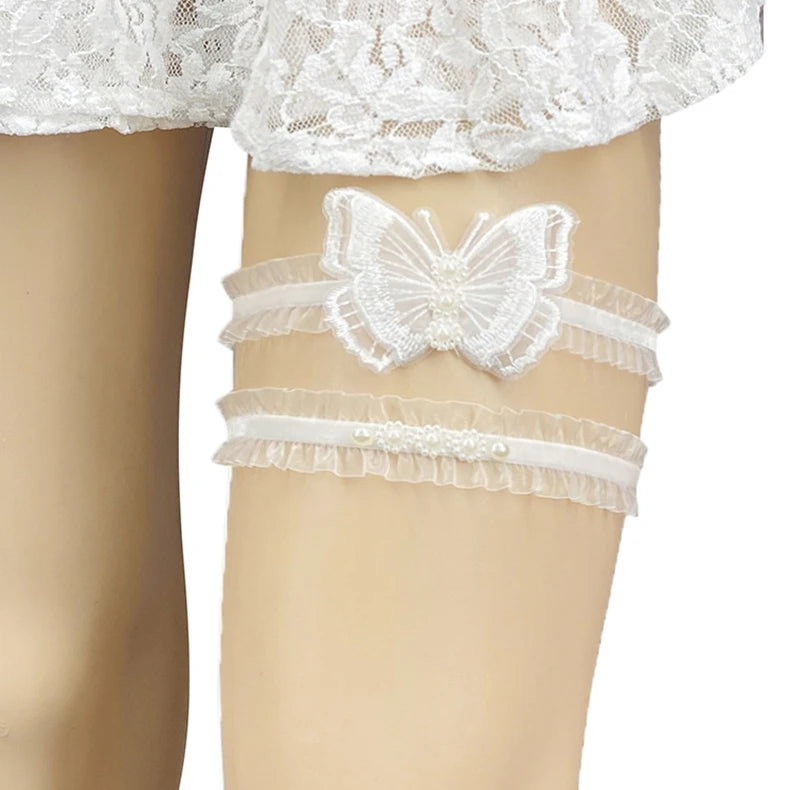 2Pcs Sexy Leg Garter Lace Ruffle Garters Charm Women Thigh Bands Pearl Leg Ring Stockings White Party Dress Butterfly Decoration